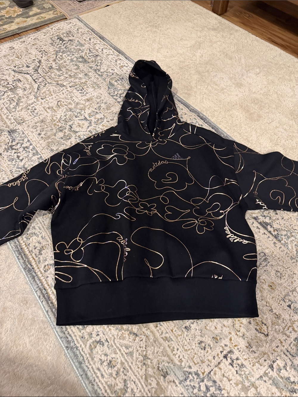 adidas Black Hoodie with Gold Floral Line Art